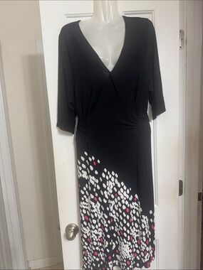 Lane Bryant Black Wrap Midi Dress with Pink & White Dot Scatter